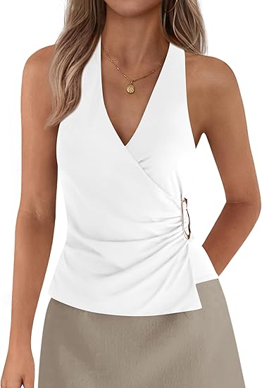 Womens Halter Top 2026 Spring Tie Wrap Sleeveless Ruched V Neck Fitted Summer Tops Backless Fashion Y2k Clothes